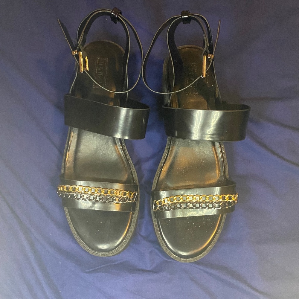 Black Lug Sole Sandal with Chain Detail